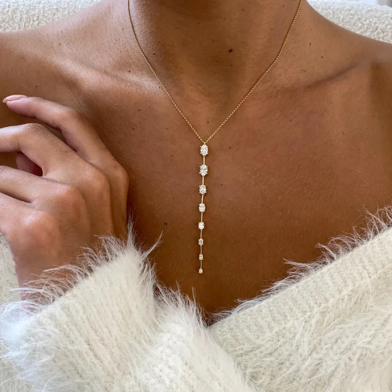 14K Natural Diamond Oval Cut Lariat Necklace