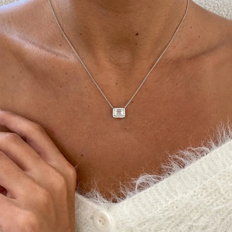 18K Solid Gold Lab Grown Diamond Emerald & Round Halo Pendant Necklace - Alternate Angle