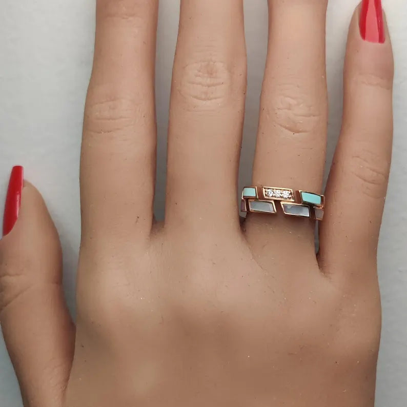 18K Solid Rose Gold Turquoise & Lab Grown Diamond 0.09 Carat Wedding Band - Alternate Angle