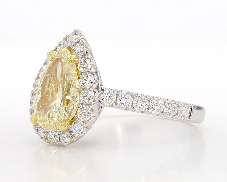 18K Solid Gold IGI Certified Lab Grown Yellow Pear Diamond 3.41 Carat CTW Cocktail Ring - Close Up