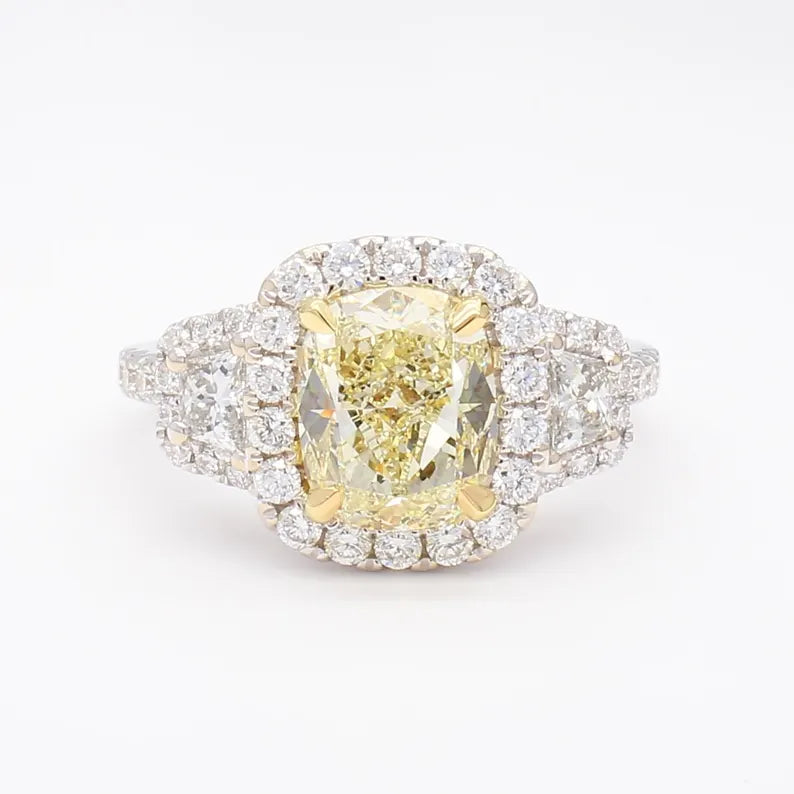18K Solid Gold IGI Certified Lab Grown Yellow Cushion Diamond 3.40 Carat CTW Cocktail Ring