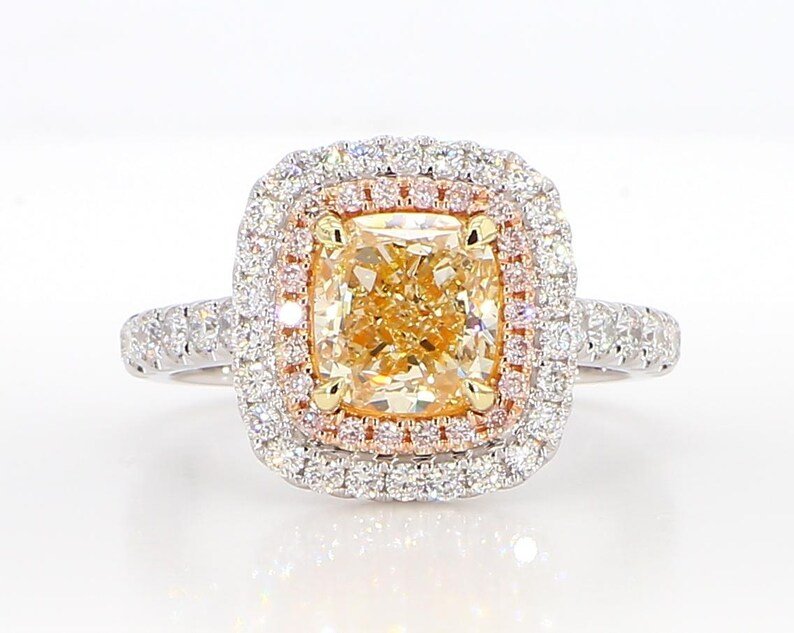14K 2.64ct Lab Grown Yellow Diamond Cushion Cut Cocktail Ring