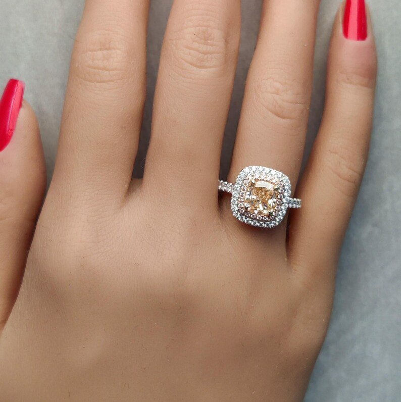 14K 2.64ct Lab Grown Yellow Diamond Cushion Cut Cocktail Ring