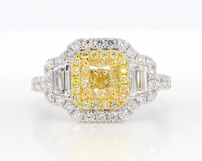 14K 2.24ct Lab Grown Yellow Diamond Cushion Cut Cocktail Ring