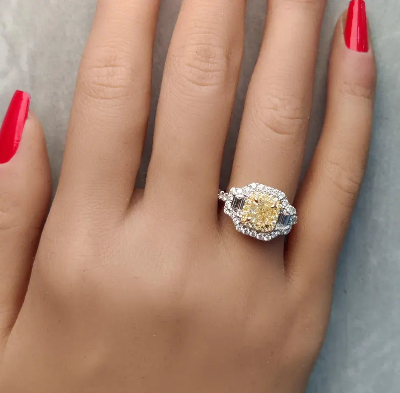 14K 2.24ct Lab Grown Yellow Diamond Cushion Cut Cocktail Ring