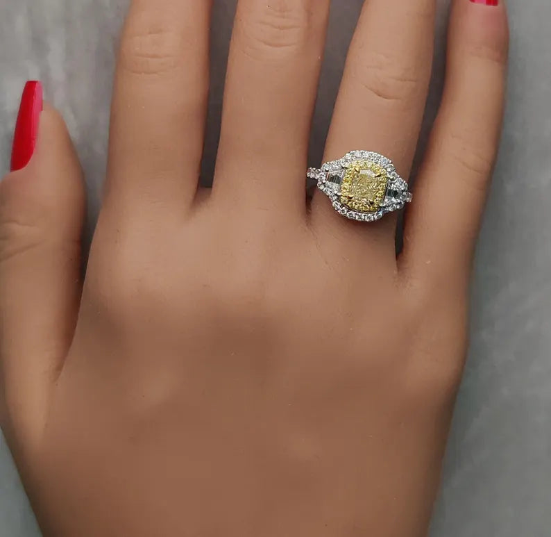18K Solid Gold 2.13 Carat Cushion Yellow Lab Grown Diamond Cocktail Ring - Alternate Angle