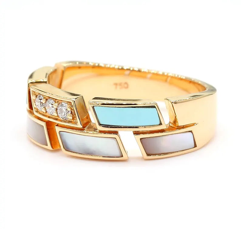 18K Solid Rose Gold Turquoise & Lab Grown Diamond 0.09 Carat Wedding Band - Side View