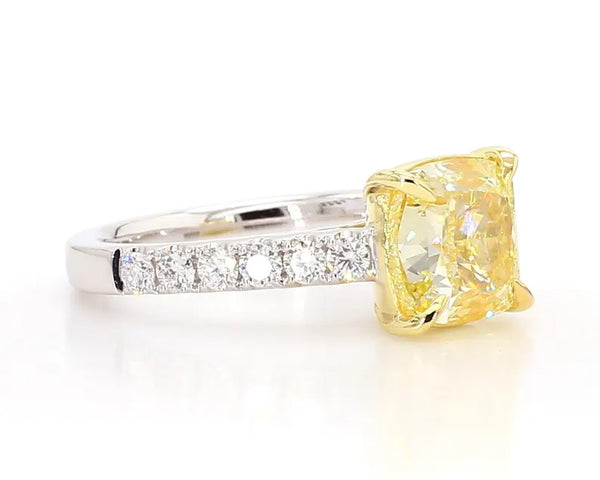 18K Solid Gold IGI Certified Lab Grown Yellow Cushion Diamond 4.55 Carat CTW Cocktail Ring - Side View | Riyanika Jewels