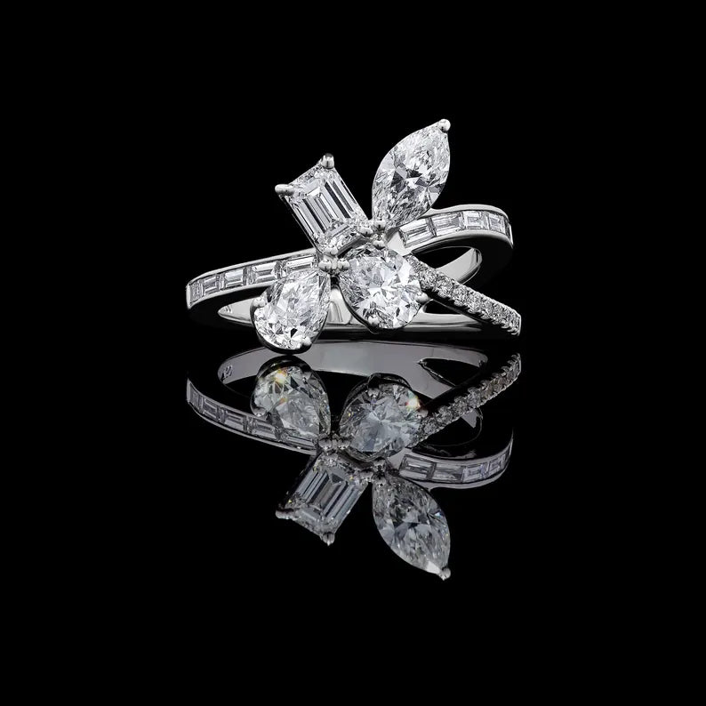 18K Solid Gold 2.46 Carat Mix White Lab Grown Diamond Cocktail Ring - Close Up | Riyanika Jewels