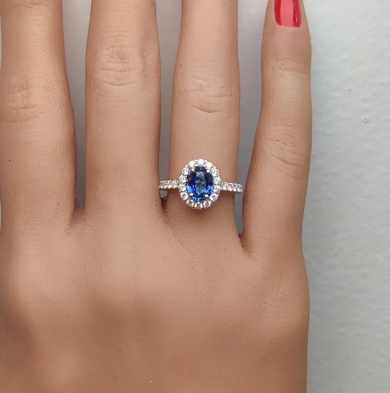 18K Solid Gold Blue Oval Sapphire & Lab Grown Diamond 2.07 Carat Cocktail Ring - Alternate Angle