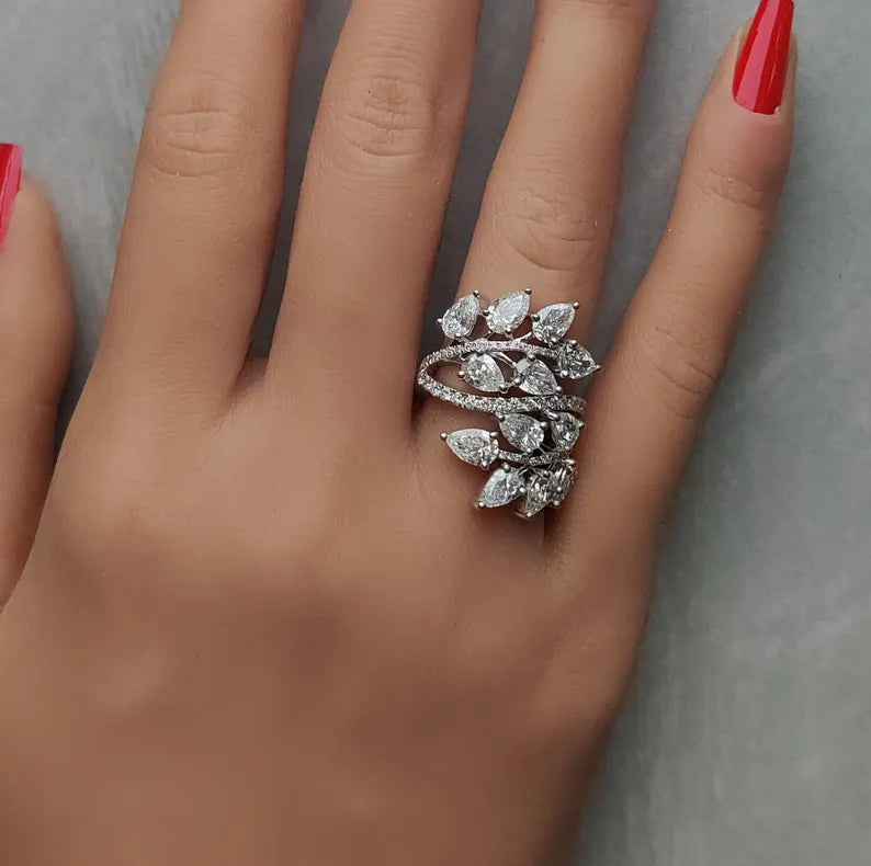 18K Solid Gold Lab Grown White Pear Diamond 5.11 Carat CTW Cocktail Ring - Alternate Angle