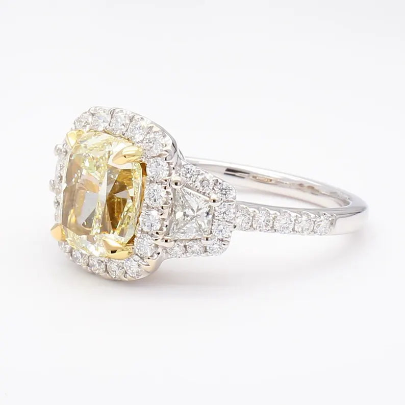18K Solid Gold IGI Certified Lab Grown Yellow Cushion Diamond 3.40 Carat CTW Cocktail Ring - Close Up | Riyanika Jewels
