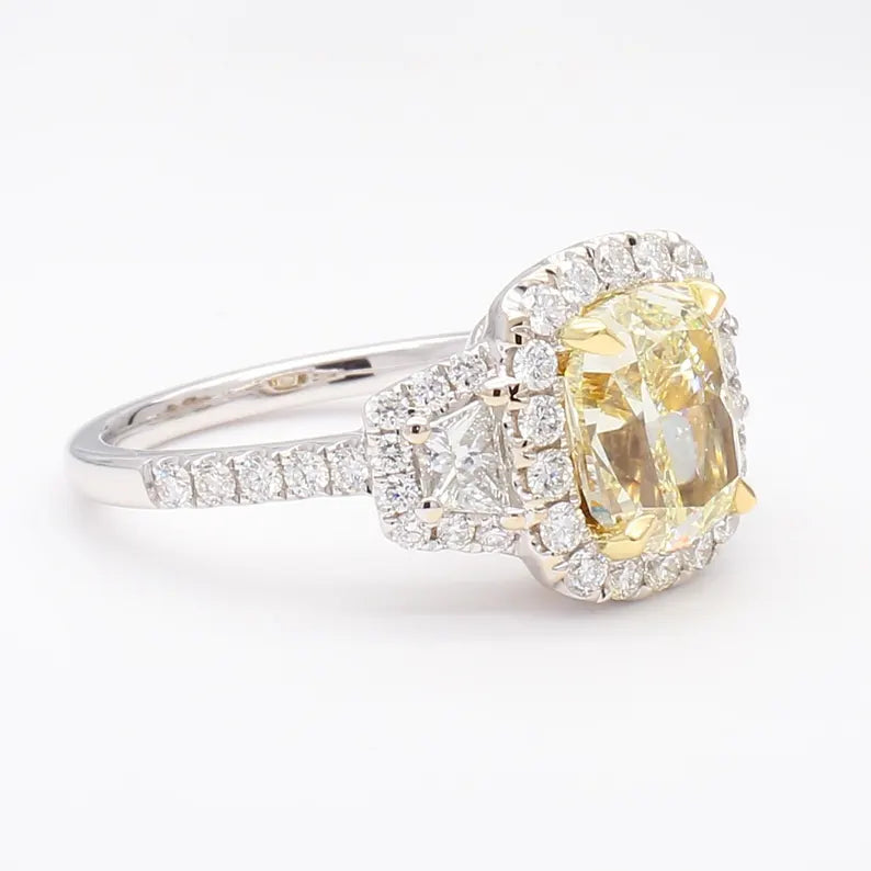 14K 3.4ct Lab Grown Yellow Diamond Cushion Cut Cocktail Ring