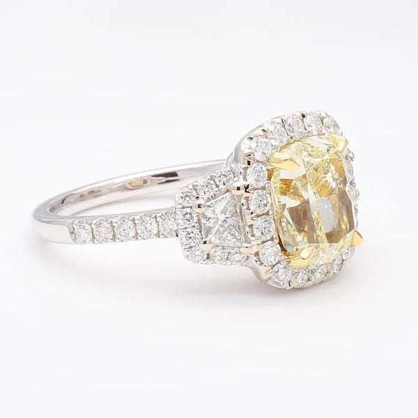 18K Solid Gold IGI Certified Lab Grown Yellow Cushion Diamond 3.40 Carat CTW Cocktail Ring - Side View | Riyanika Jewels