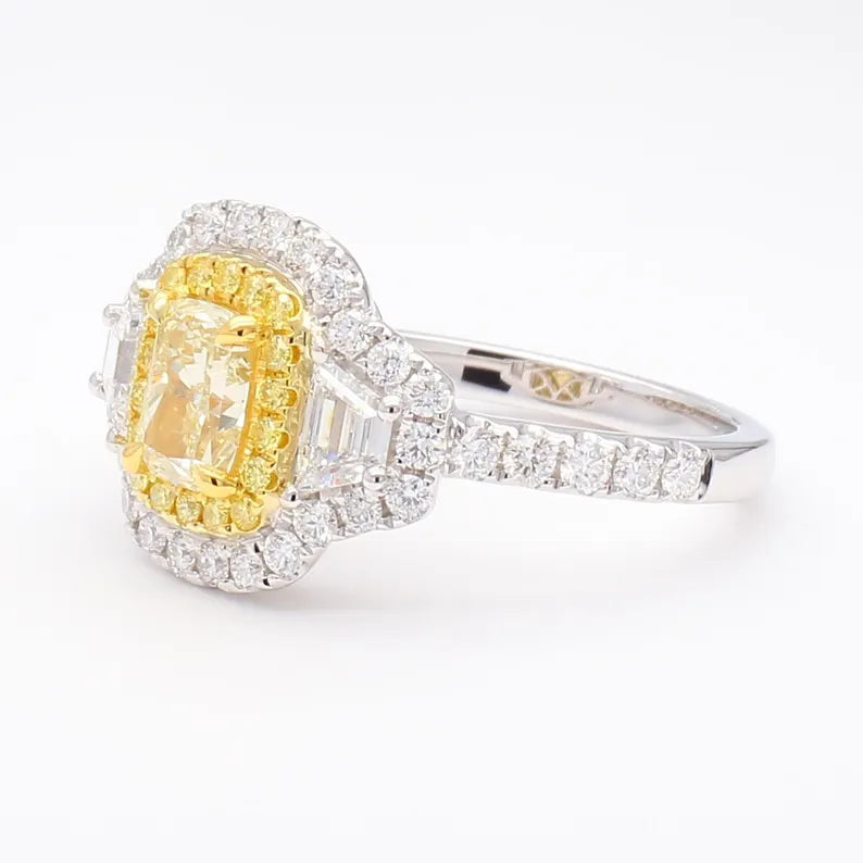 18K Solid Gold 2.13 Carat Cushion Yellow Lab Grown Diamond Cocktail Ring - Close Up