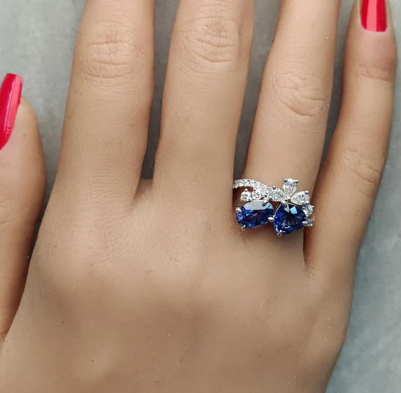18K Solid Gold 3.22 Carat Heart Blue Sapphire and White Lab Grown Diamond Cocktail Ring - Alternate Angle | Riyanika Jewels