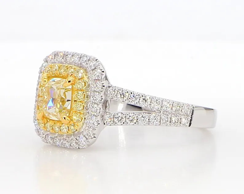 18K Solid Gold Cushion Lab Grown Yellow Diamond 1.42 Carat Cocktail Ring - Side View