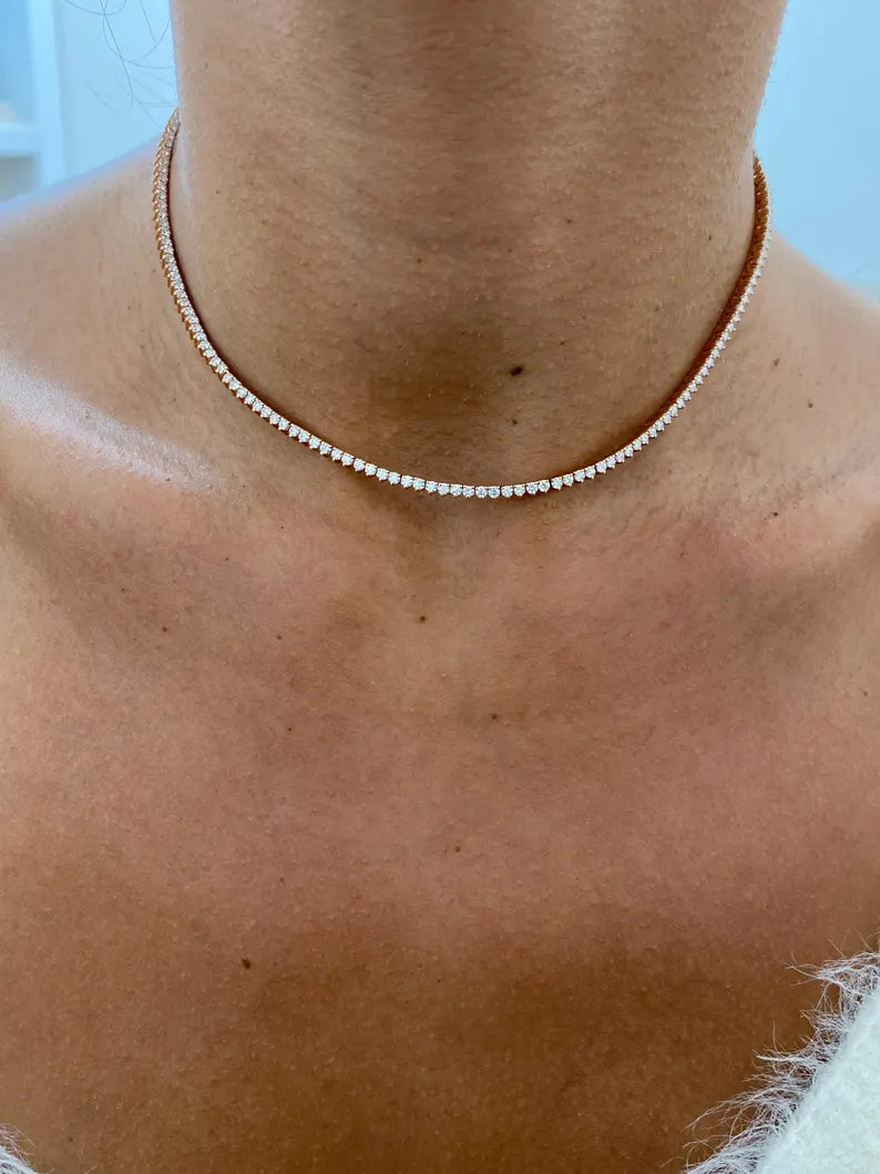 18K Solid Gold Lab Diamond Tennis Necklace - Alternate Angle | Riyanika Jewels