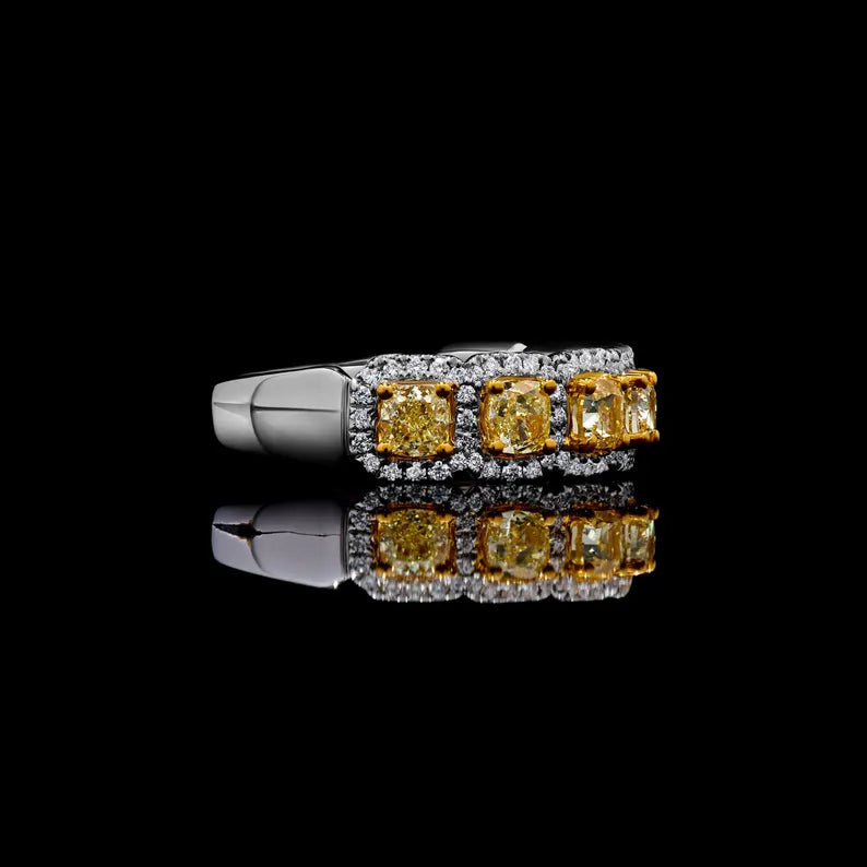 18K Solid Gold Cushion Lab Grown Yellow Diamond 1.80 Carat Cocktail Ring - Close Up