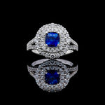 18K Solid Gold 2.40 Carat Cushion Blue Sapphire and White Lab Grown Diamond Cocktail Ring - Detail
