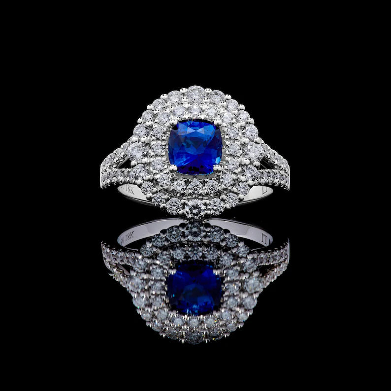 18K Solid Gold 2.40 Carat Cushion Blue Sapphire and White Lab Grown Diamond Cocktail Ring - Detail