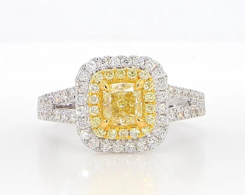 14K 1.42ct Lab Grown Yellow Diamond Cushion Cut Cocktail Ring