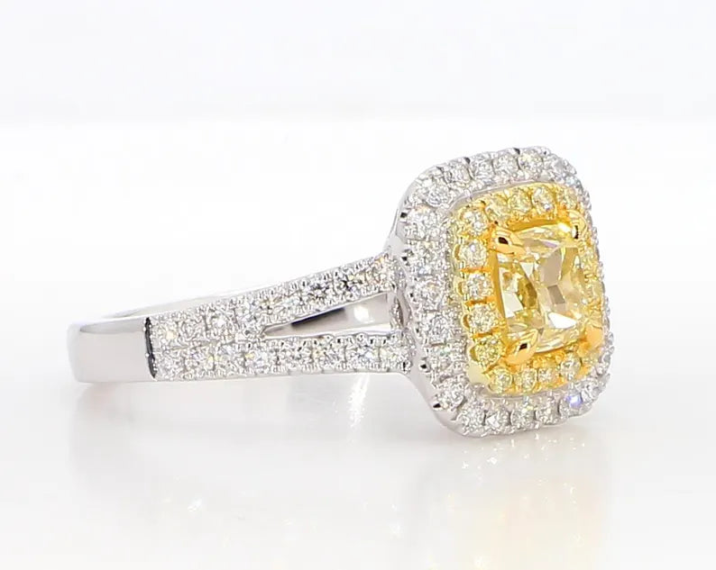 18K Solid Gold Cushion Lab Grown Yellow Diamond 1.42 Carat Cocktail Ring - Close Up