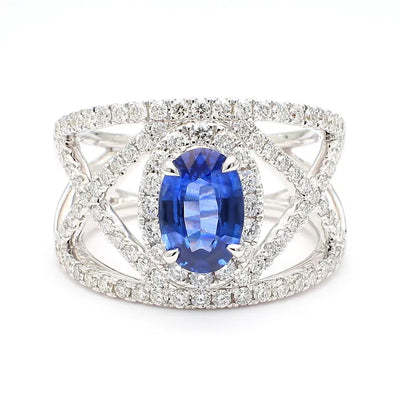 18K Solid Gold 2.47 Carat Oval Blue Sapphire and White Lab Grown Diamond Cocktail Ring