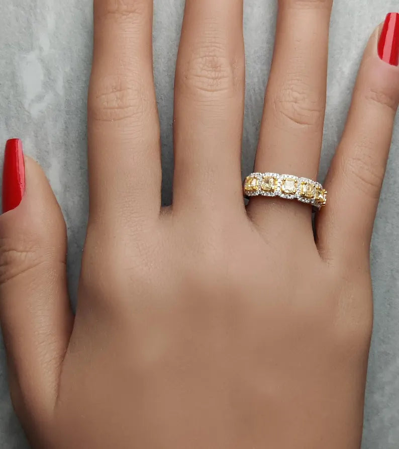1.8ct Fancy Yellow Diamond Cushion Cut Cocktail Ring in 18K Solid Gold | Riyanika