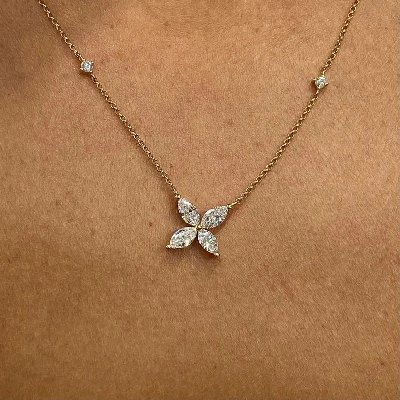 18K Solid Gold Marquise & Round Lab Grown Diamond Prong Flower Pendant Necklace - View 8