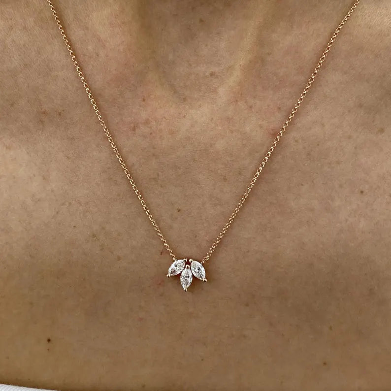 18K Solid Gold Marquise Lab Grown Diamond Prong Pendant Necklace - Alternate Angle | Riyanika Jewels