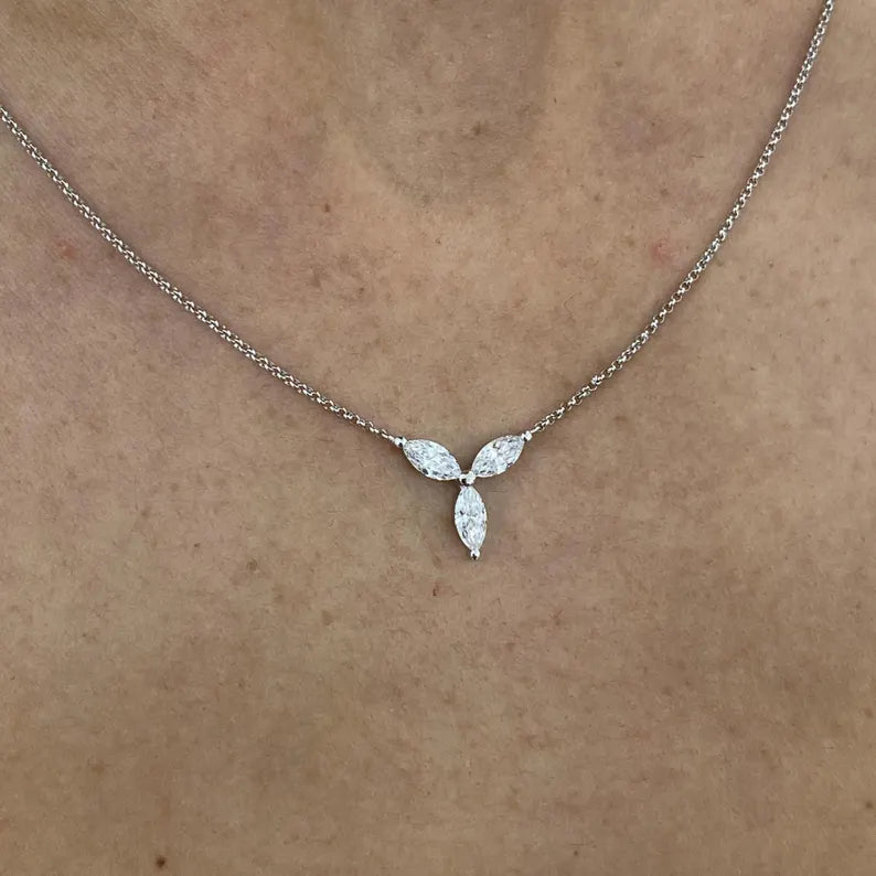 18K Solid Gold Marquise Diamond Prong Chain Necklace - Detail | Riyanika Jewels