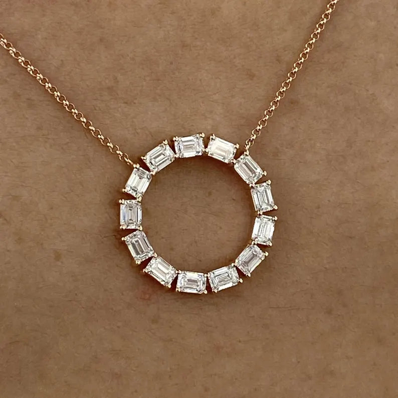 14K Natural Diamond Emerald Cut Pendant Necklace