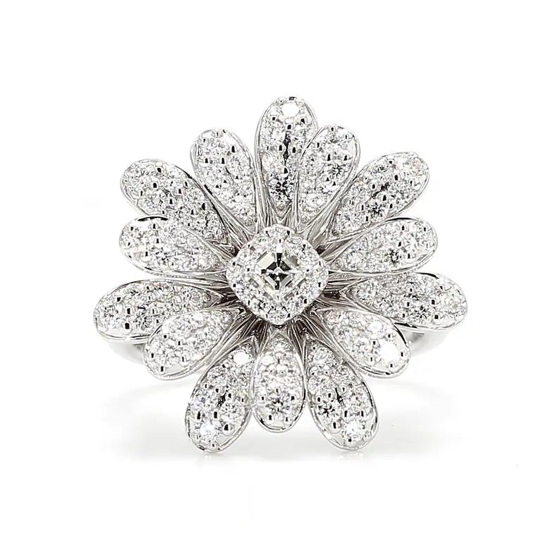 18K 1.11ct Asscher Cut & Round Cut Natural Diamond Cocktail Ring