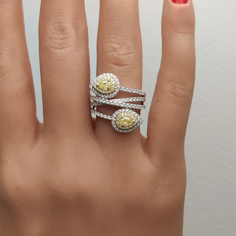 18K Solid Gold Pear Lab Grown Yellow Diamond 1.31 Carat Cocktail Ring - Alternate Angle