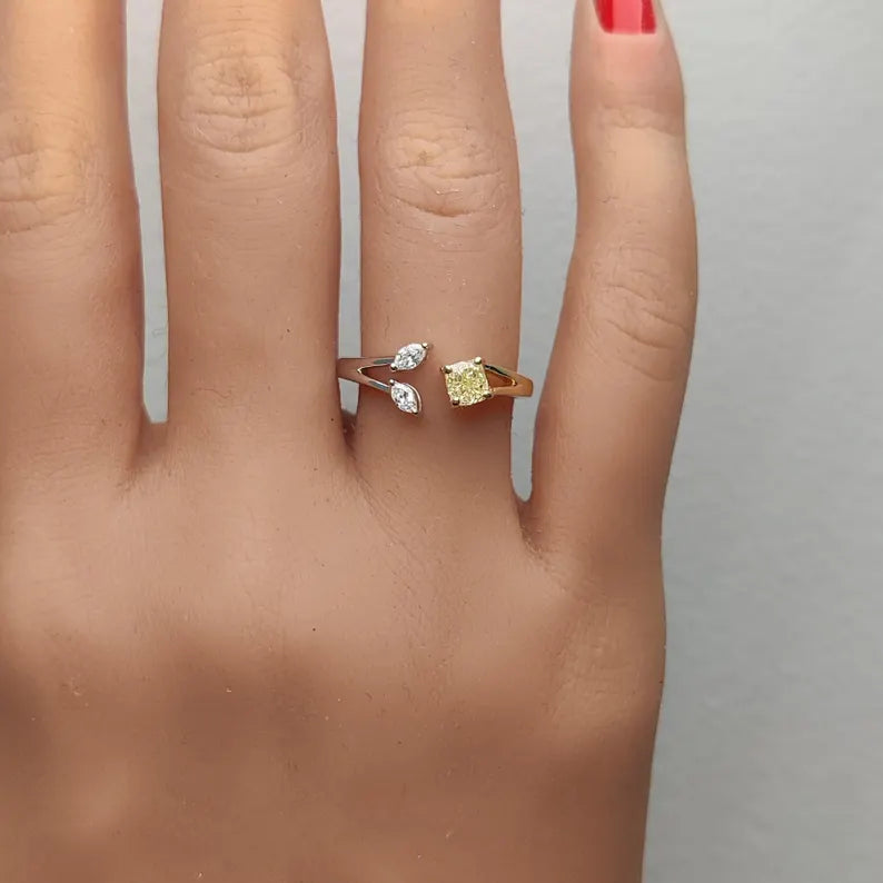 18K Solid Gold Cushion Lab Grown Yellow Diamond 0.60 Carat Cocktail Ring - Alternate Angle