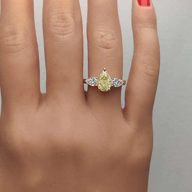 14K 2.31ct Lab Grown Yellow Diamond Pear Cut Cocktail Ring