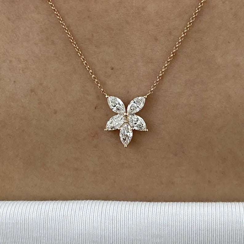 18K Solid Gold Marquise Diamond Cluster Floral Pendant Necklace - Alternate Angle | Riyanika Jewels