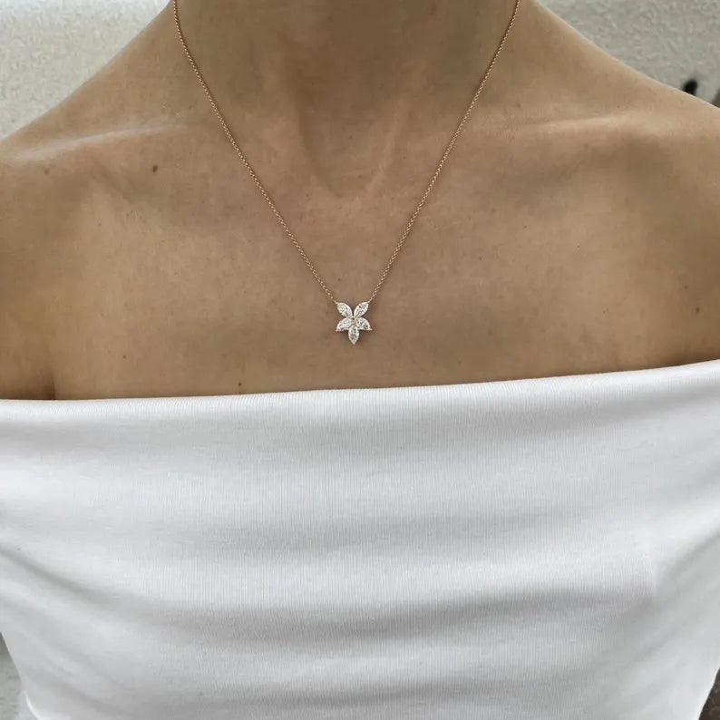18K Solid Gold Marquise Diamond Cluster Floral Pendant Necklace - View 6 | Riyanika Jewels