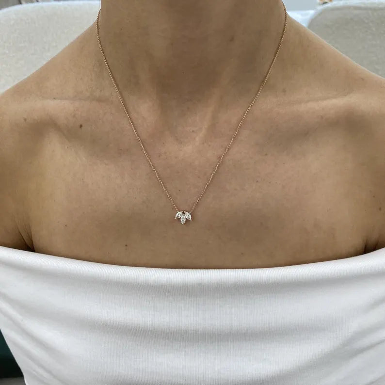 18K Solid Gold Marquise Lab Grown Diamond Prong Pendant Necklace - View 6 | Riyanika Jewels