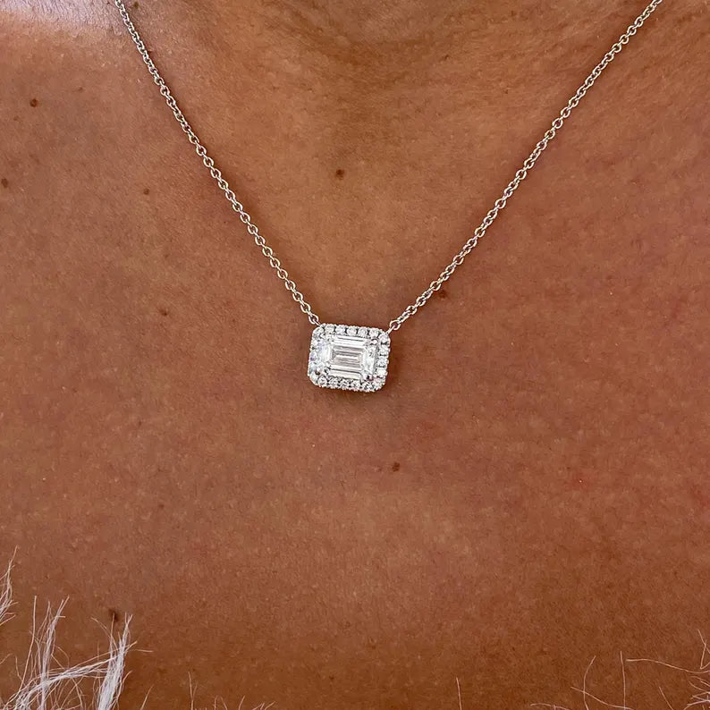 18K Solid Gold Lab Grown Diamond Emerald & Round Halo Pendant Necklace | Riyanika Jewels