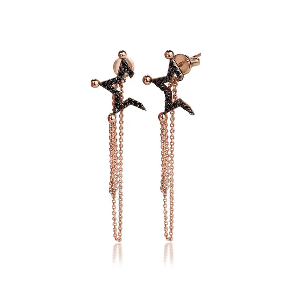 14K Solid Gold Black Lab Grown Diamond Star Celestial Stud Earrings