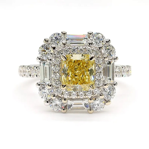 18K Solid Gold IGI Certified Lab Grown Intense Yellow Radiant Diamond 2.54 Carat CTW Cocktail Ring | Riyanika Jewels