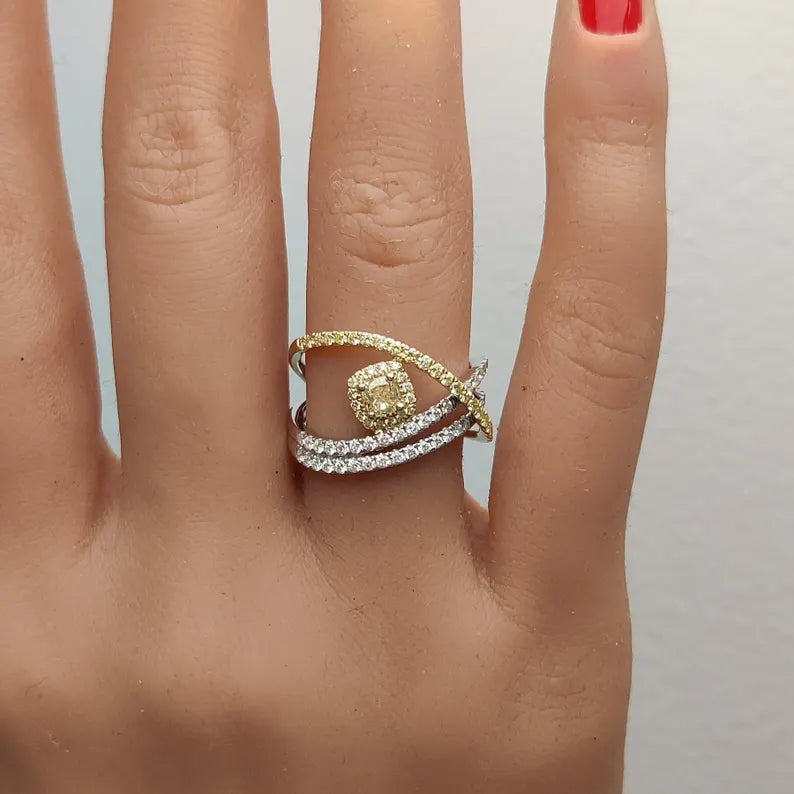 1.03ct Fancy Yellow Diamond Cushion Cut Cocktail Ring in 18K Solid Gold | Riyanika