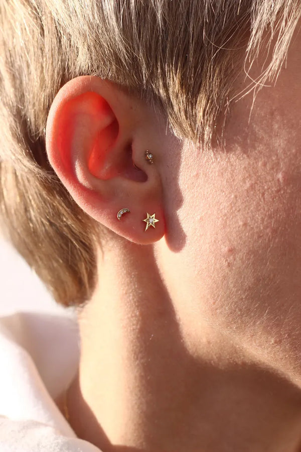 18K Solid Gold Lab Grown Diamond North Star Piercing – Celestial Stud Earring - Side View | Riyanika Jewels