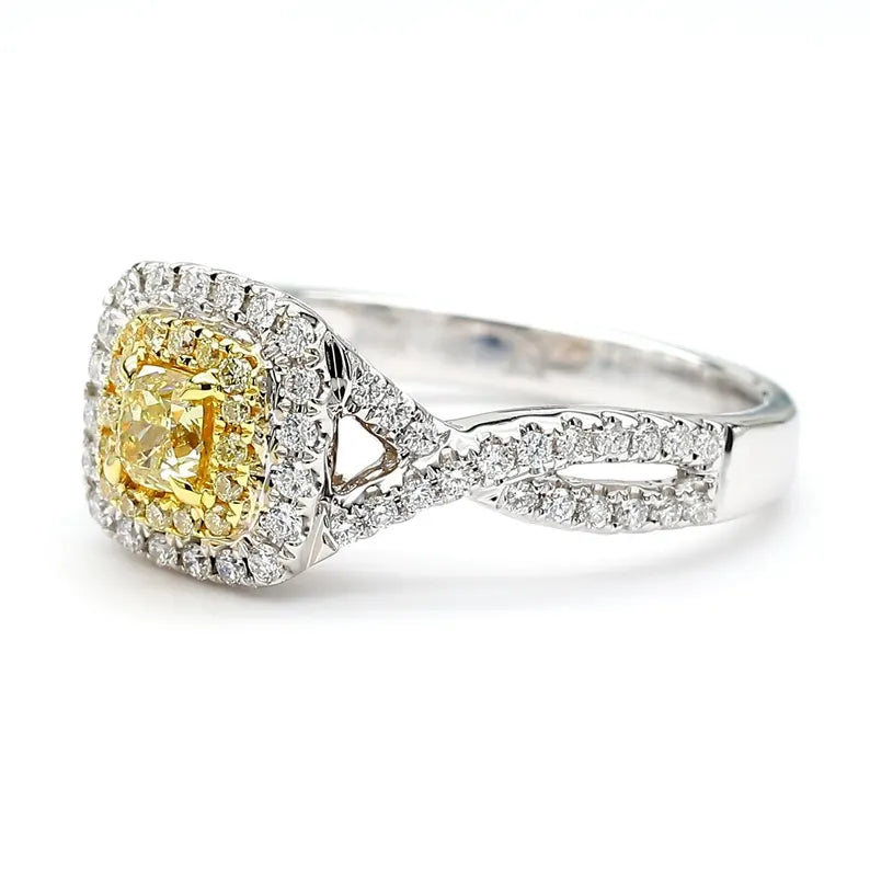 0.69ct Fancy Yellow Diamond Cushion Cut Cocktail Ring in 18K Solid Gold | Riyanika