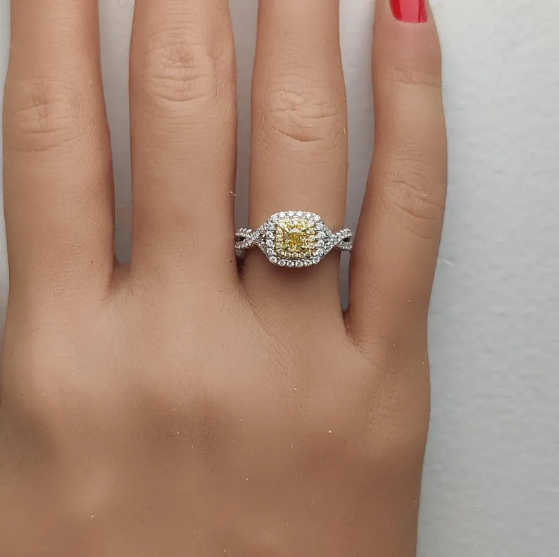 0.69ct Fancy Yellow Diamond Cushion Cut Cocktail Ring in 18K Solid Gold | Riyanika
