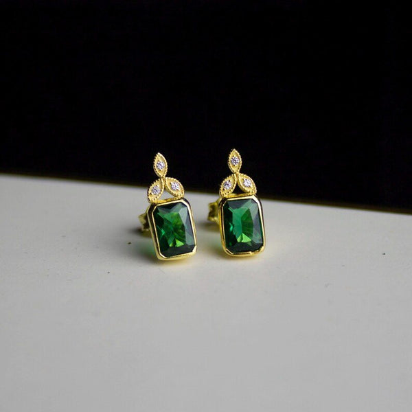 14K Solid Gold Emerald Stud Earrings