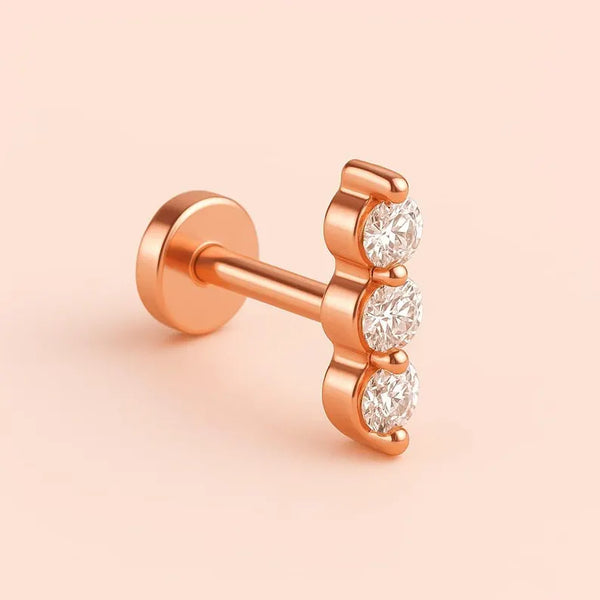14K Solid Gold Lab Grown Diamond Trio Piercing | Screw Back Stud for Tragus & Cartilage