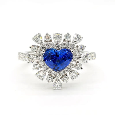 18K Solid Gold Blue Heart Sapphire & Lab Grown White Diamond 2.36 Carat Cocktail Ring